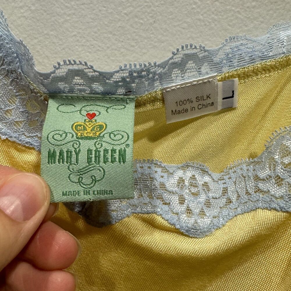 Mary Green Silk Cami Tank Top Yellow Lace 90s Y2K Romantic Coquette Women Large - Picture 3 of 7